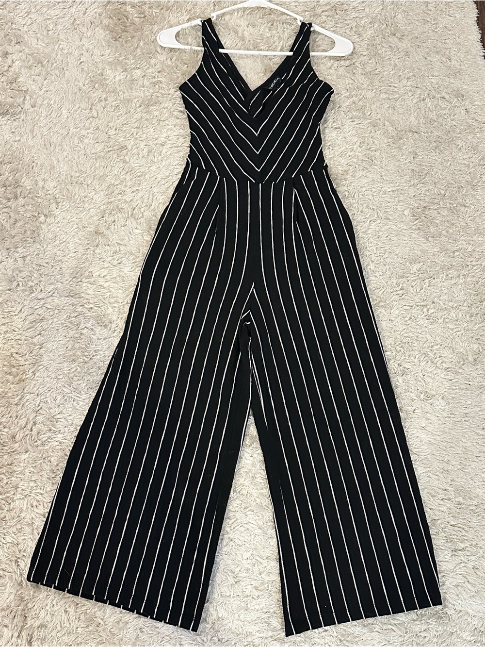 My MIchelle Sleeveless Black & White Striped Wide-Leg Jumpsuit - XS